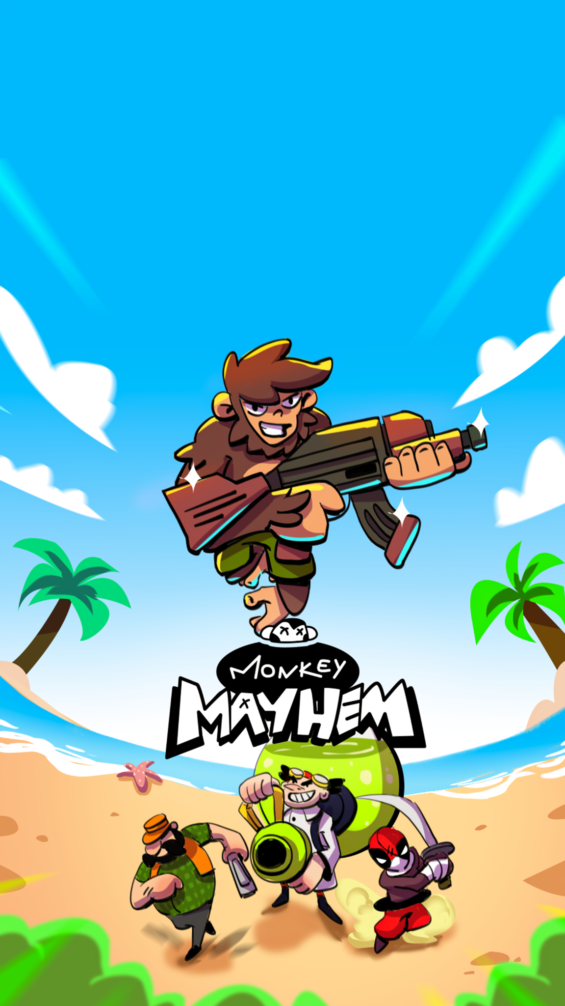 Monkey Mayhem game characters on a tropical beach